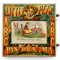 Little Pets ABC Panorama by McLoughlin Bros circa 1875 movable alphabet book with wooden rollers and 28 scrolling scenes