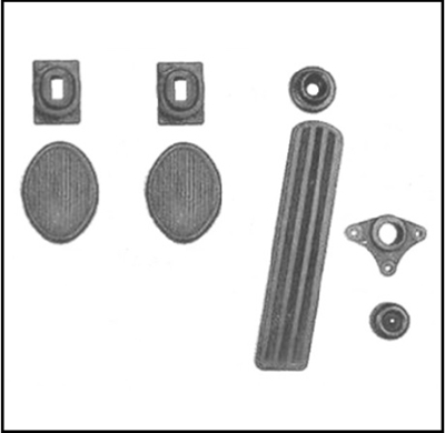 Accelerator pedal, brake pedal, clutch pedal, starter pedal pad and rubber draft seals for where each pedal's linkage passes through the floor pan
