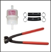 MoPar script fuel filter, hose, crimp clamps and crimper pliers