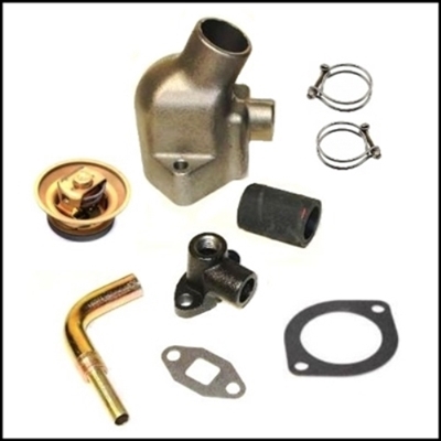 Thermostat housing, thermostat housing gasket, OE-style thermostat, bypass elbow, bypass elbow gasket and heater hose nipple for 1935-39 Ply - Dodge - DeSoto - Chrysler 6-cyl