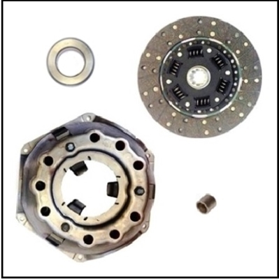 Complete clutch service package includes driven friction disc, pressure-plate and cover, throw-out bearing and crankshaft pilot bushing