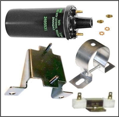 MoPar ignition coil with correct graphics & date code, MoPar ballast resistor and mounting brackets for 1970 Plymouth AAR 'cuda & Dodge T/A