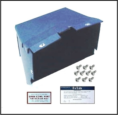 PN 1623118 glove box with flocked interior, mounting screws, break-in decal & cowl vent decal for 1955-56 DeSoto