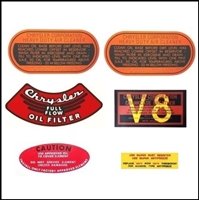Set of (2) oil bath air cleaner decals; oil filter housing decal; crankcase breather decal; power steering reservoir decal, coolant decal