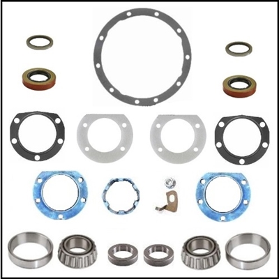 18-piece rear axle bearing, bearing end-play adjuster, axle shaft gasket & differential gasket package for 1965-74 Plymouth - Dodge - Chrysler - Imperial with 8 3/4" rear axle and 1966-72 Plymouth - Dodge with Dana 60 axle