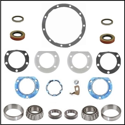 18-piece rear axle bearing, bearing end-play adjuster, axle shaft gaskets & differential gasket package for 1963-74 Dodge D100 trucks & 1964-70 A100/A108 trucks & vans with 8 3/4" rear axle
