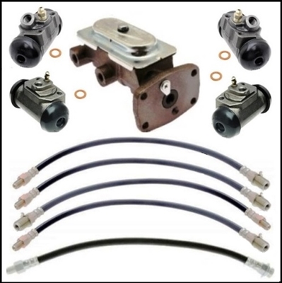 10-piece package includes master cylinder; front and rear wheel cylinders; (2) front flexible hoses and rear center hose