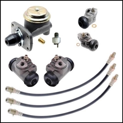 9-piece set includes a master cylinder assembly; (2) front wheel cylinder assemblies; (2) rear wheel cylinder assemblies; (3) flexible hoses and a hydraulic stop light switch
