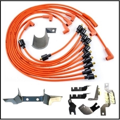 MoPar script spark plug wire set with wire routing bracketst and exhaust manifold plug wire heat-shields for 1971 Plymouth Barracuda - "Cuda and Dodge Challenger with 383/440 cubic-inch engines and electronic ignition