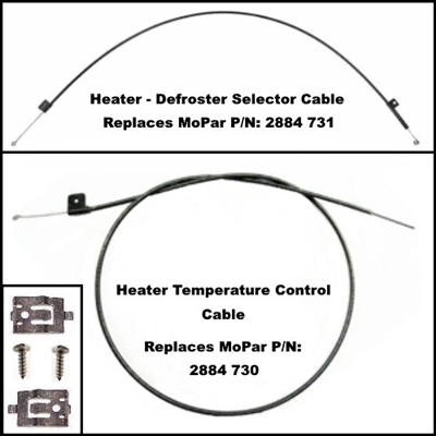 PN 2884730 - 2884731 heater/defroster selector cable and heater temperature control cable for 1970-74 Plymouth & Dodge E-Body withour air conditioning