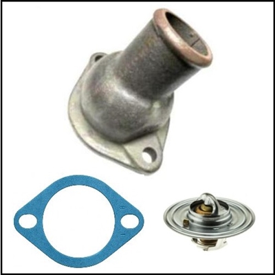 PN 1738363 - 1855393 cylinder head water outlet elbow w/thermostat for 1960-66 Plymouth - Dodge - DeSoto - Chrysler - Imperial with 8-cyl engines