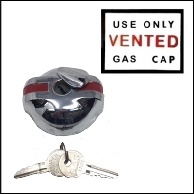 PN 1617464 locking gas cap with keys & decal for 1955-56 Plymouth Belvedere - Fury - Plaza - Savoy; 1955-56 Dodge Coronet - Custom Royal - Royal; 1955-56 DeSoto Adventurer - FireDome - FireFlite and 1955-56 Chrysler New Yorker - Windsor - 300