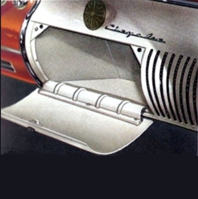 PN 1575354 glove box with flocked interior, mounting screws and cowl vent decal for all 1955-56 Chrysler and Imperial