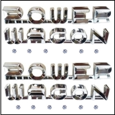 Pair of PN 1790750 - 1790751 - 2833447 - 2833448 chrome "POWER WAGON" scripts for both sides of the hood of 1961-68 Dodge four-wheel-drive conventional cab trucks