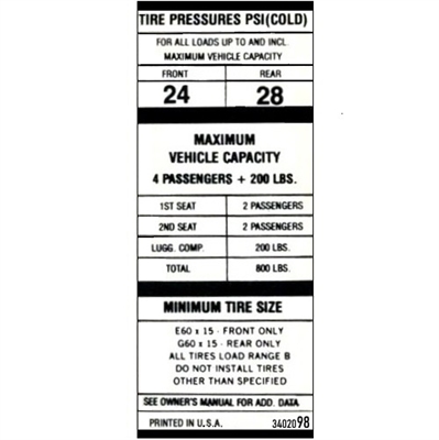 PN 3402098 self-adhesive tire pressure instruction decal for 1970 Plymouth AAR 'cuda and 1970 Dodge Challenger T/A