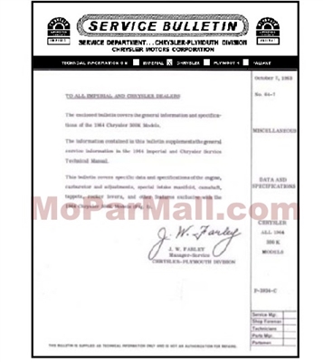 Service bulletin providing supplemental information to the 1964 Chrysler/Imperial shop manual concerning the 300K