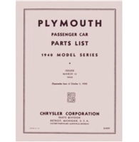 Chrysler Corp authorized and licensed reprint of the original illustrated factory parts manual for all 1940 Plymouth passenger cars