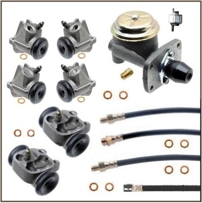 12-piece brake hydraulics set includes master cylinder, (6) wheel cylinders, (4) rubber flex hoses and a hydraulic stop light switch