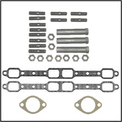 28-piece exhaust manifold sleeve nut, stud, hex nut and gasket set for for the following with 361 - 383 - 426 (wedge) CID engine: 1962-64 Plymouth Fury - Savoy - Sport Fury; 1962-65 Belvedere; 1962-64 Dodge Dart - Polara - 330 - 440; 1965 Coronet - Satell