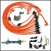 MoPar script spark plug wire set with plug wire routing bracketst and exhaust manifold plug wire heat-shields
