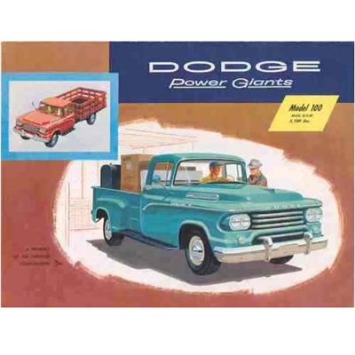 8-panel fold-out style showroom sales catalog for 1958 Dodge D100 Power Giant illustrates the Sweptside high-style pickup as well as stepside pickup, Town Panel, Town Wagon, Tradesman