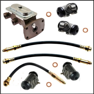 Dual-circuit master cyclinder, (2) front and (2) rear wheel cylinder, (2) front fex hoses and (1) rear hose for 1967-72 Plymouth Belvedere - GTX - RoadRunner - Satellite and 1967-72 Dodge Charger - Coronet - SuperBee with drum brakes