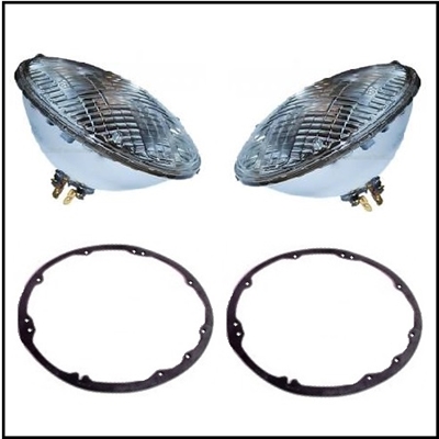 Choice (2) incandescent or (2) halogen sealed beam headlight bulbs and (2) new rubber headlight bucket-to-fender gaskets
