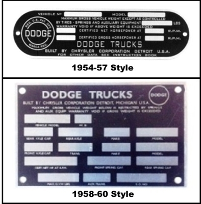 Aluminum vehicle serial and model number identification plate for 1954-60 Dodge Trucks