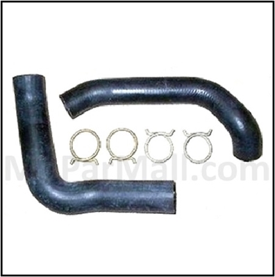 Molded radiator hose and factory-style hose clamp set for 1958-59 Plymouth and Dodge with front distributor engines; 1958-59 DeSoto; 1959 Chrysler and 1959 Imperial