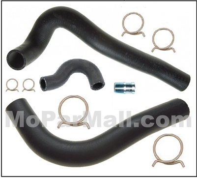 Molded upper and lower radiator hoses, molded by-pass hose, by-pass hose nipples and OE-style hose clamps for 1970-76 Plymouth Duster - Scamp - Valiant and 1970-76 Dodge Dart - Demon - Sport with 318-340-360 cubic inch engines