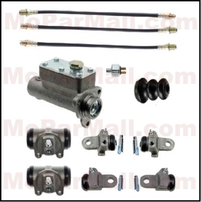 11-piece brake hydraulic package includes a complete master cylinder assembly; (2) front wheel cylinder assemblies; (4) rear wheel cylinder assemblies; (3) flexible hoses and a hydraulic stop light switch