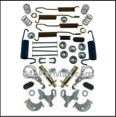 Return spring, hold-down and self-adjuster package for 1962-65 Plymouth Belvedere; 1962-64 Fury - Savoy - Sport Fury; 1962 Dodge Dart; 1962-64 Polara - 330 - 440 and 1965 Coronet - Satellite