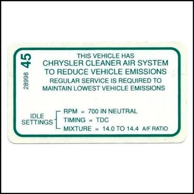 Idle - mixture - timing settings fender decal for 1969 Chrysler Corp. passenger cars