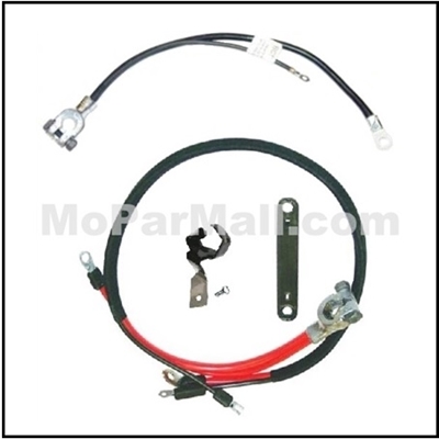 Positive and negative battery cables, frame rail cable clamp, and shock tower strap for 1970-74 Plymouth and Dodge E-Body