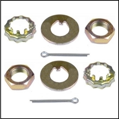 Front axle spindle nut, thrust washer, retainer and cotter pin for 1960-76 Plymouth Duster- Valiant - Scamp; 1964-69 Barracuda; 1961-62 Dodge Lancer and 1963-76 Dart - Demon - Sport