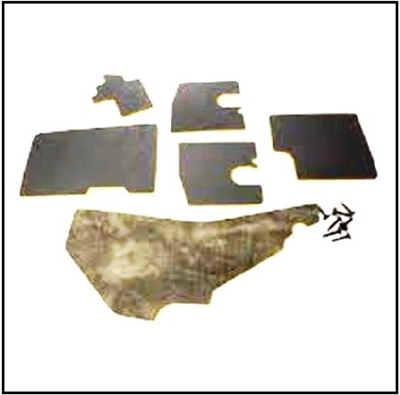 Firewall insulation pad installs on the inside firewall area of the cabin to insulate from engine noise and heat. Manufactured from thick jute padding and bonded to heavy cardboard for durability. Die cut to factory specifications and features perforated