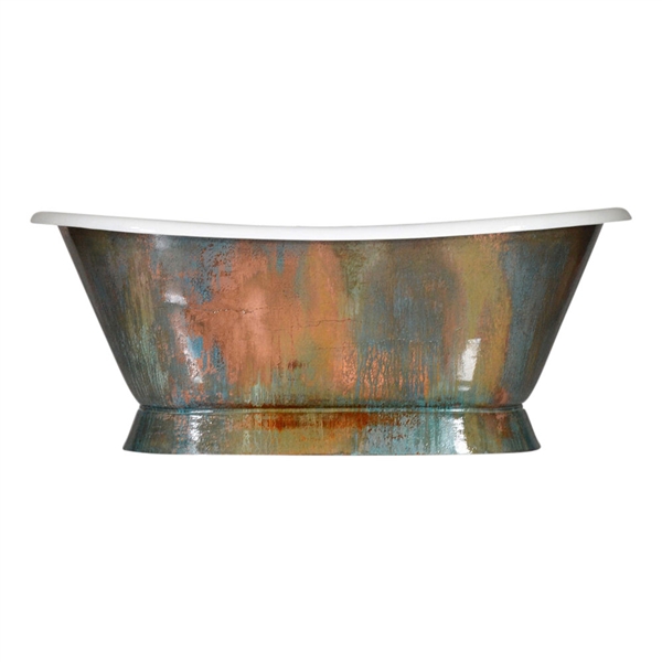 Pure Metal Verdigris Copper 'Furness-66-VC' 66" Cast Iron Plinth Bateau Tub and Drain