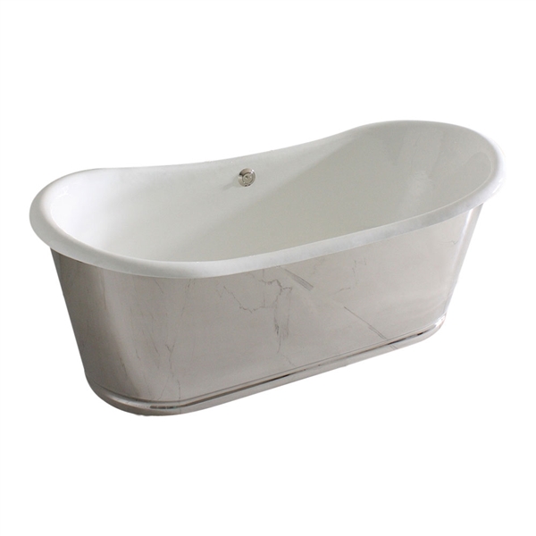 'The Lindisfarne 68' 68" Cast Iron French Bateau Tub with Mirror Polished Stainless Steel Exterior with Rogeat Base and Drain