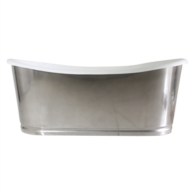'The Nuneaton59' 59" Cast Iron French Bateau Tub with Misty Polished Stainless Steel Exterior with Rogeat Base and Drain