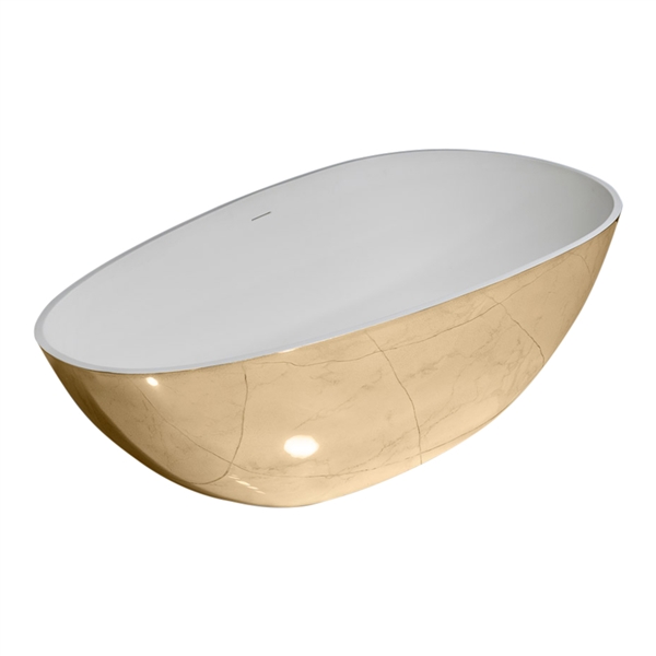 'The Perseus-Brass59' 59" Solid Surface Stone Resin Egg Shape Tub with Polished Brass Metal Exterior and Drain