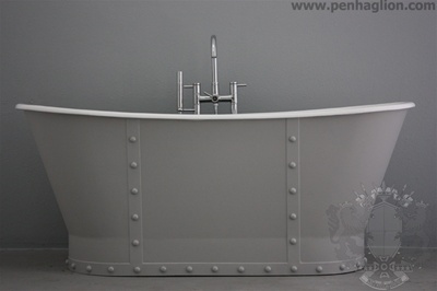 <br>'The Abingdon'  68" Cast Iron French Bateau Bathtub with Straps and Grey Blended Exterior plus Accessories<br><br>Eggshell grey steel body with high gloss finish grey straps and rivet heads<br>