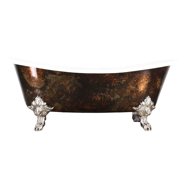 'The Alexander' Cast Iron French Bateau Clawfoot Tub with Artist Applied Antiqued Copper Leafing and Drain