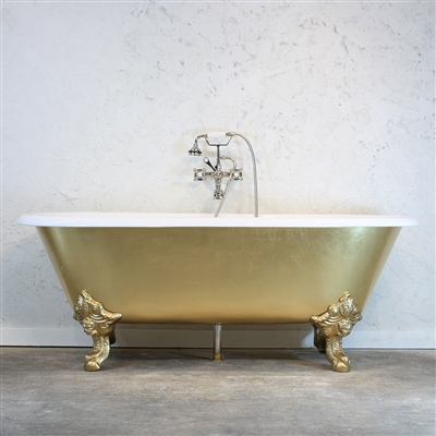 <br>'The Balmoral' Cast Iron Double Ended Clawfoot Tub with Hand Applied Faux Gold Leaf Exterior plus Drain<BR>