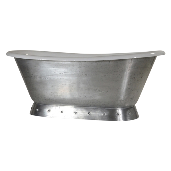 'The Cannes-MZ' 66" Cast Iron French Bateau Pedestal Tub with a Pure-Metal Burnished Zinc Finish Exterior plus Drain
