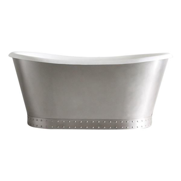 'The Cranborne59' 59" Cast Iron French Bateau Tub with Burnished Stainless Steel Exterior with Riveted Straps and Drain