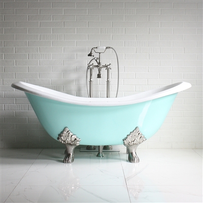 <br>'The Dunstable' 73" Cast Iron Double Slipper Clawfoot Tub with AQUEDUCT BLUE Exterior plus Drain<BR>