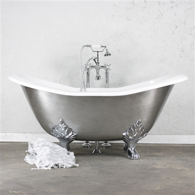 <br>'The Kirkstead' 61" Cast Iron Double Slipper Clawfoot Tub with an AGED CHROME Exterior plus Drain<BR>