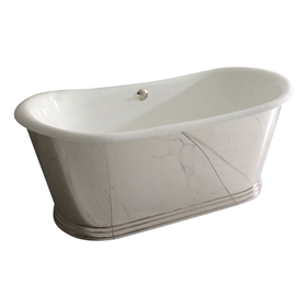 'The Lindisfarne NEW73 73" Cast Iron French Bateau Tub with Mirror Polished Stainless Steel Exterior with Penhaglion Step Base and Drain
