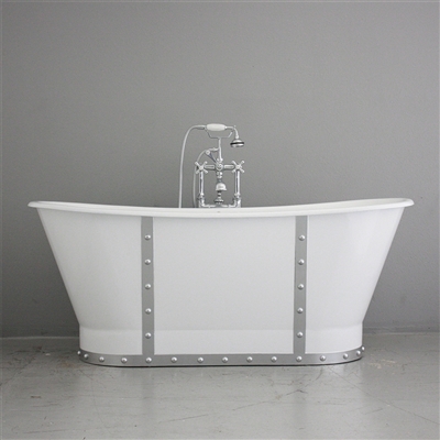 <br>'The Nautica' 68" Cast Iron French Bateau Tub with WHITE Exterior and CHROME Finish straps plus Drain<br>