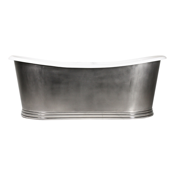 'The NonSuch68' 68" Cast Iron French Bateau Tub with Mixed Finish Stainless Steel Exterior with Penhaglion Step Base and Drain